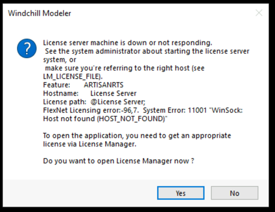 Error in Windchill Modeler, FlexNet Licensing error:-96,7.