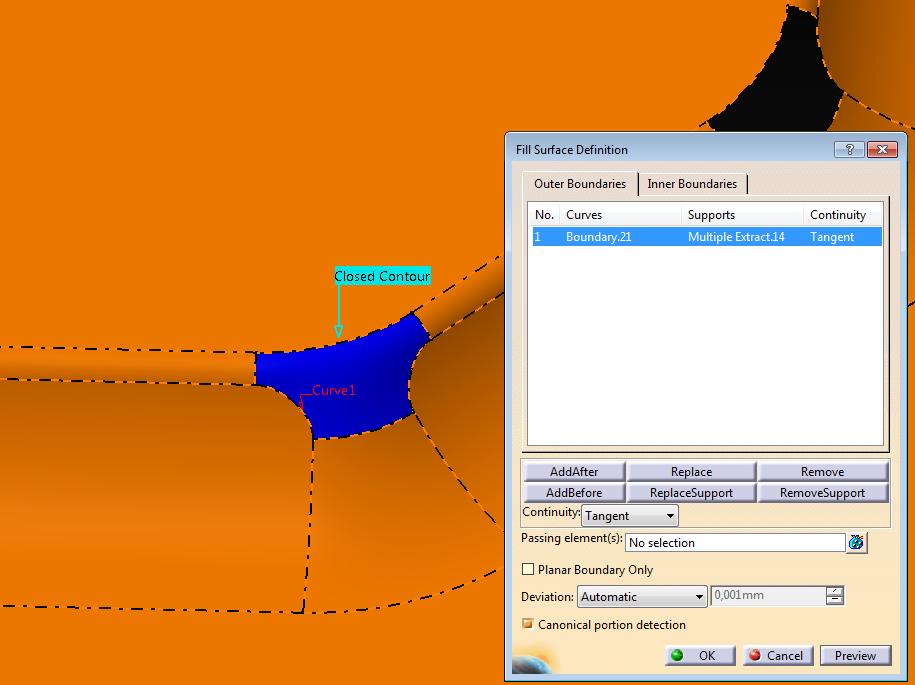 finally, wtih the fill surface command, I pick the border of the surface, make a tangencial constraint between the original surface, and the new one, and the surface is closed