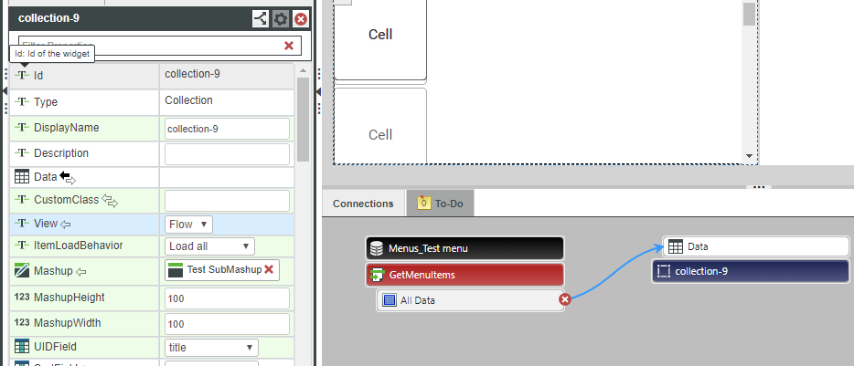 Collection widget binding, showing connection to sub-mashup