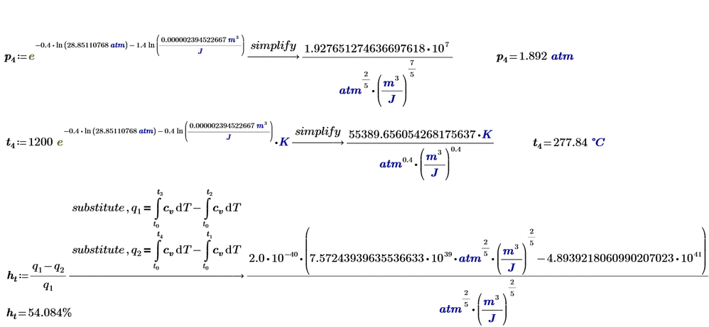 Рис. 29.10. Окончание гибридного расчета цикла Отто в среде Mathcad