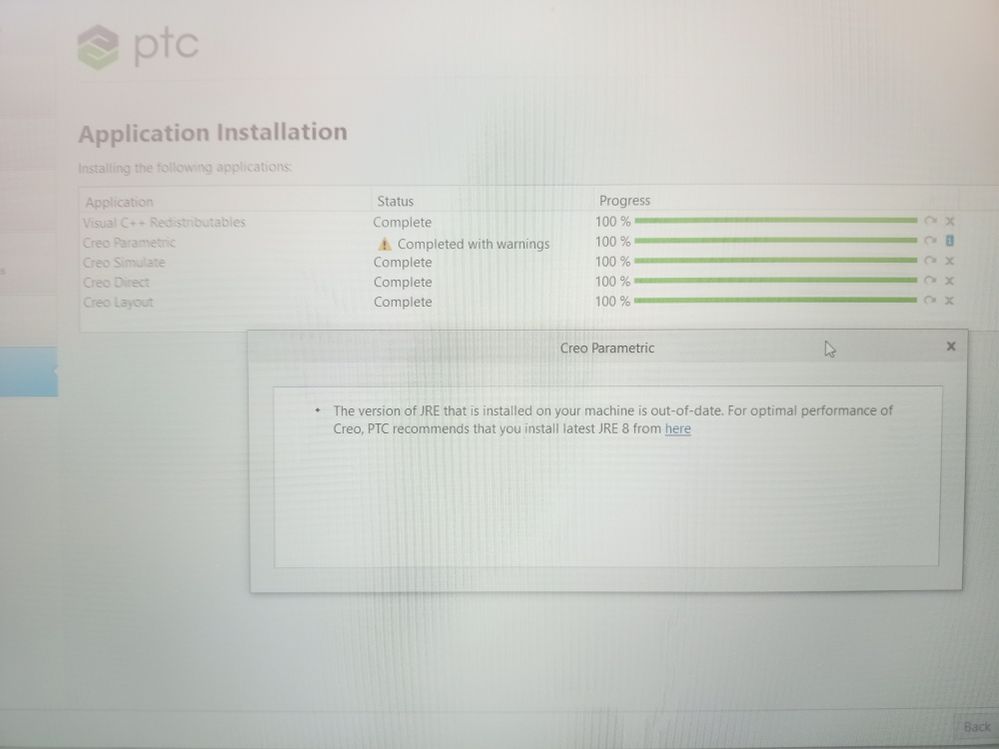 when i installing the creo parametrics the status will shows like the completed with warning and that warning also mentioned in the below as per the JRE version out of date i click to install for a latest versin also but i don't know how to run that program from oracle because it directly entered into oracle