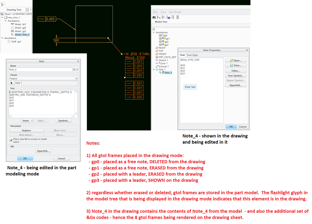 Notes with gtol display codes - in part and drawing modes