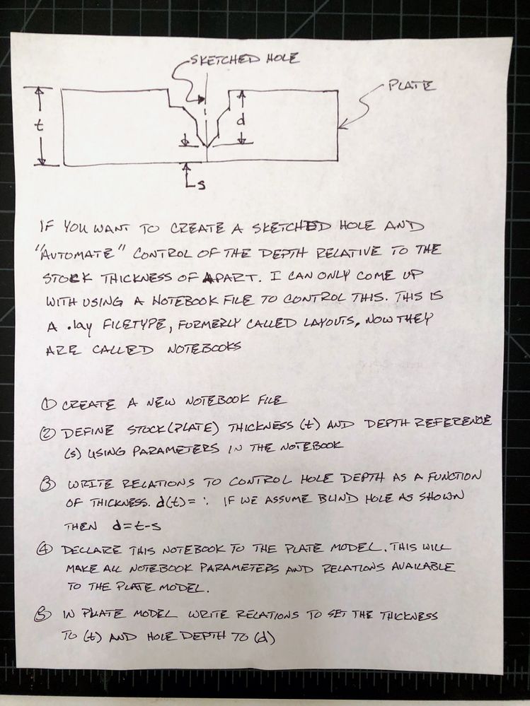 Notebook to control hole depth as a function of stock thickness