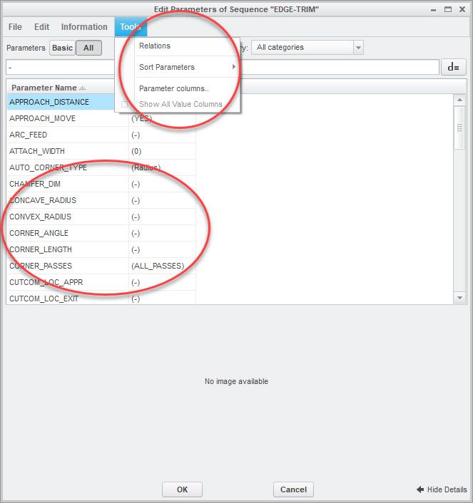 This is from the broken model.  Visibility missing from tools menu and tons of parameters missing from the list.