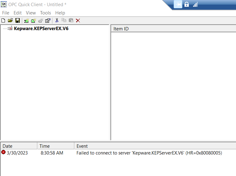 click on QC (opc quick client) ,then no connection... PTC Community