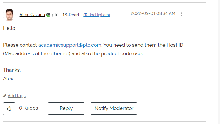 when trying to generate a node locked license the PTC Community
