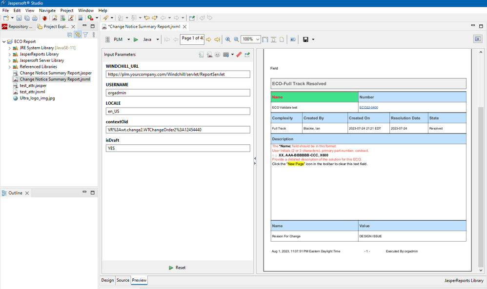 Jasper Input Parameters GUI with preview