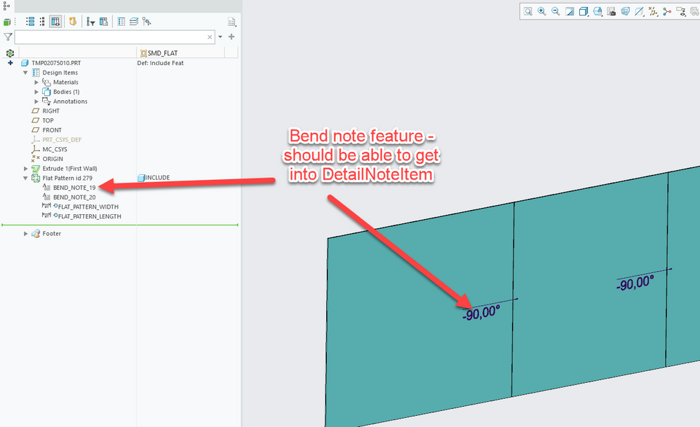 Bend notes shown in model tree and on the 3D model