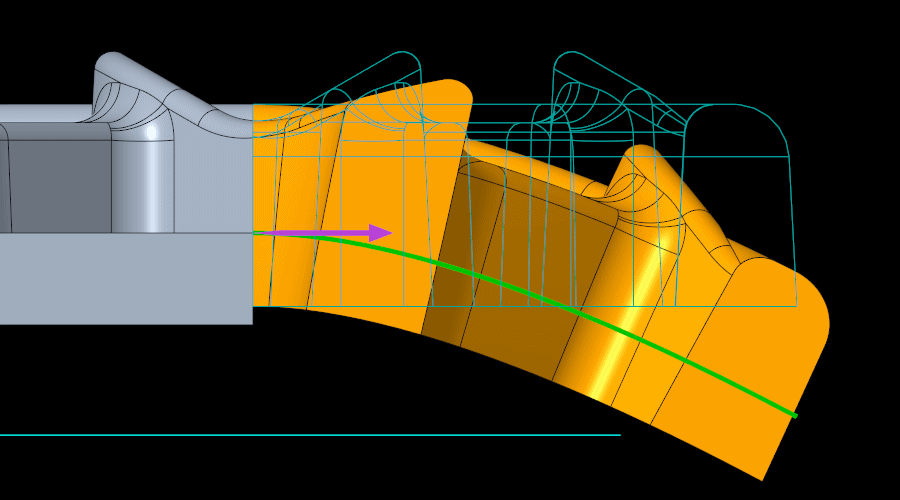 Spinal Bend follows the curve perpendicular to the curve.